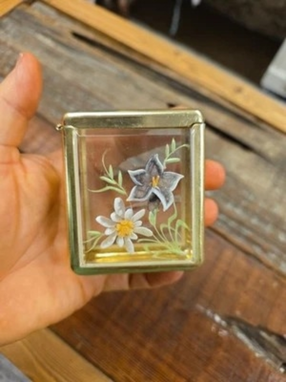 Vintage Jolie France Hand Painted Reverse Glass Floral Trinket Box Pill Box